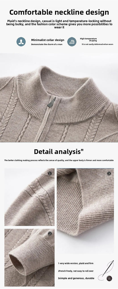 High End 100% Australia Wool Cashmere New Autum Winter Fashion Brand Casual Zip Up Men Pullover Knit Half Turtleneck Sweater.