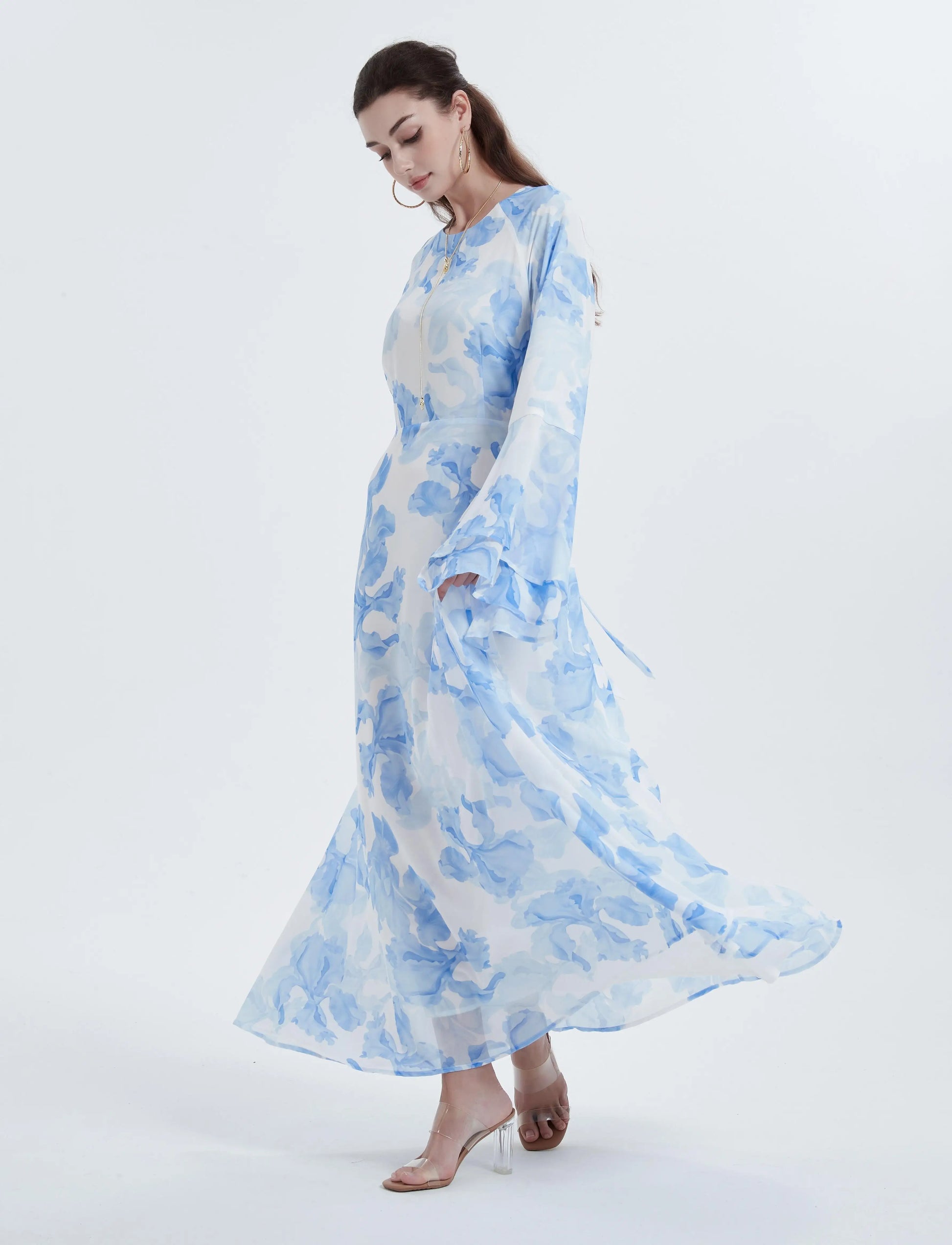 Ramadan kebaya Muslim women's chiffon print flared sleeve dress headscarf two-piece set.