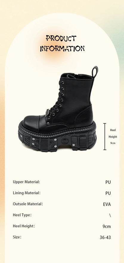 2025 New Punk Women Platform Ankle Boots Female's Rock Round Toe Lace Up Fashion Retro Chunky Shoes Metal Decor Short Boots.