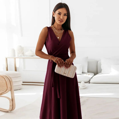 Frühling Sommer Neue Stil frauen Lange V-ausschnitt Kleid Reine Farbe Maxi Kleid Ärmelloses Empire-Taille Kleid für Damen Modische