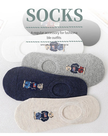 5 Pairs of Super Cute Bear Embroidered Cartoon Bear Boat Socks, Soft and Comfortable, Sweat Wicking and Versatile Short Socks.