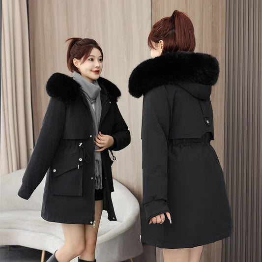 Winter dame Winter Stepp Mantel Abnehmbare Futter Pelz Kragen Gürtel Parka Jacke Für Frauen Verdickt Thermische frauen Mantel