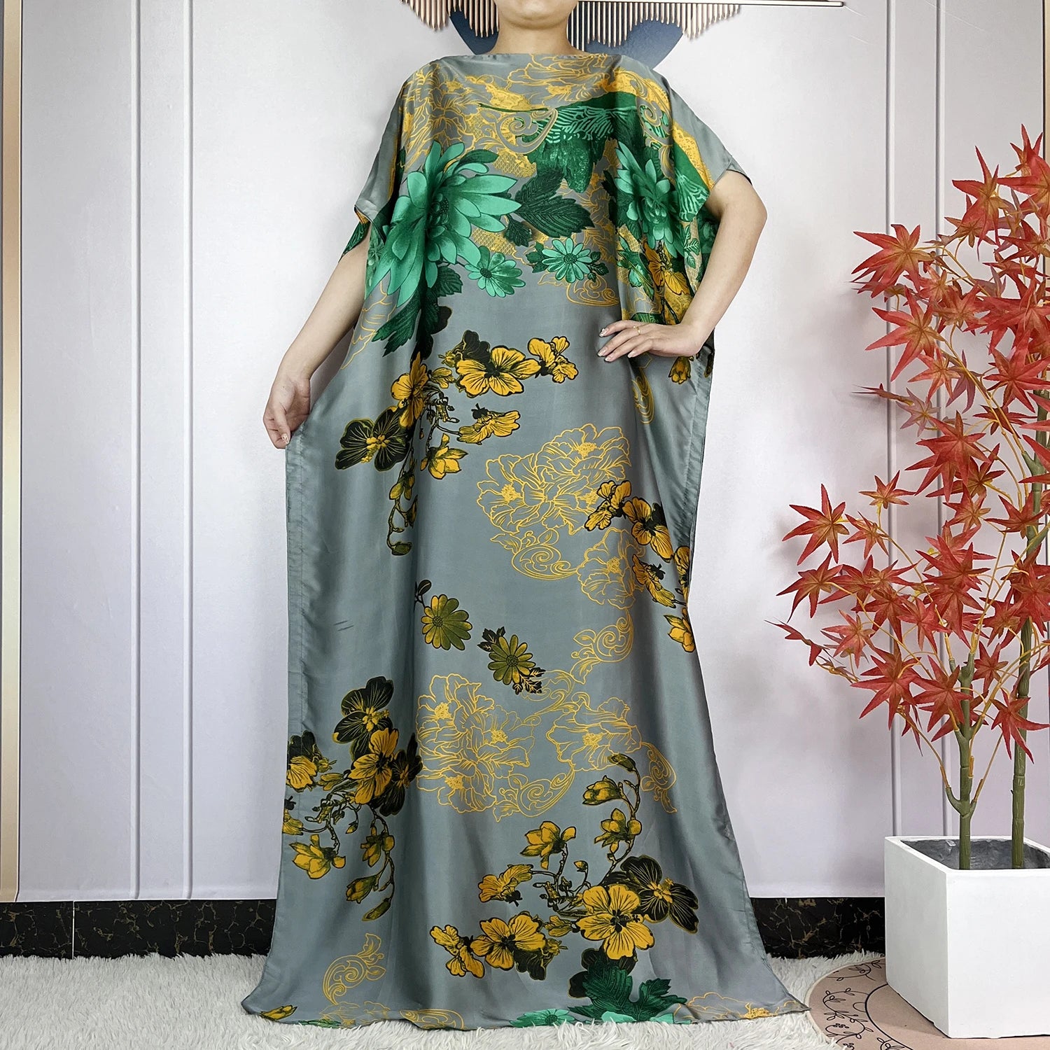 2024 New Dubai Summer Fashion For Women Printed Silk Soft Loose Femme Robe African Islam Maxi Woman Casual Dresses With Turban.