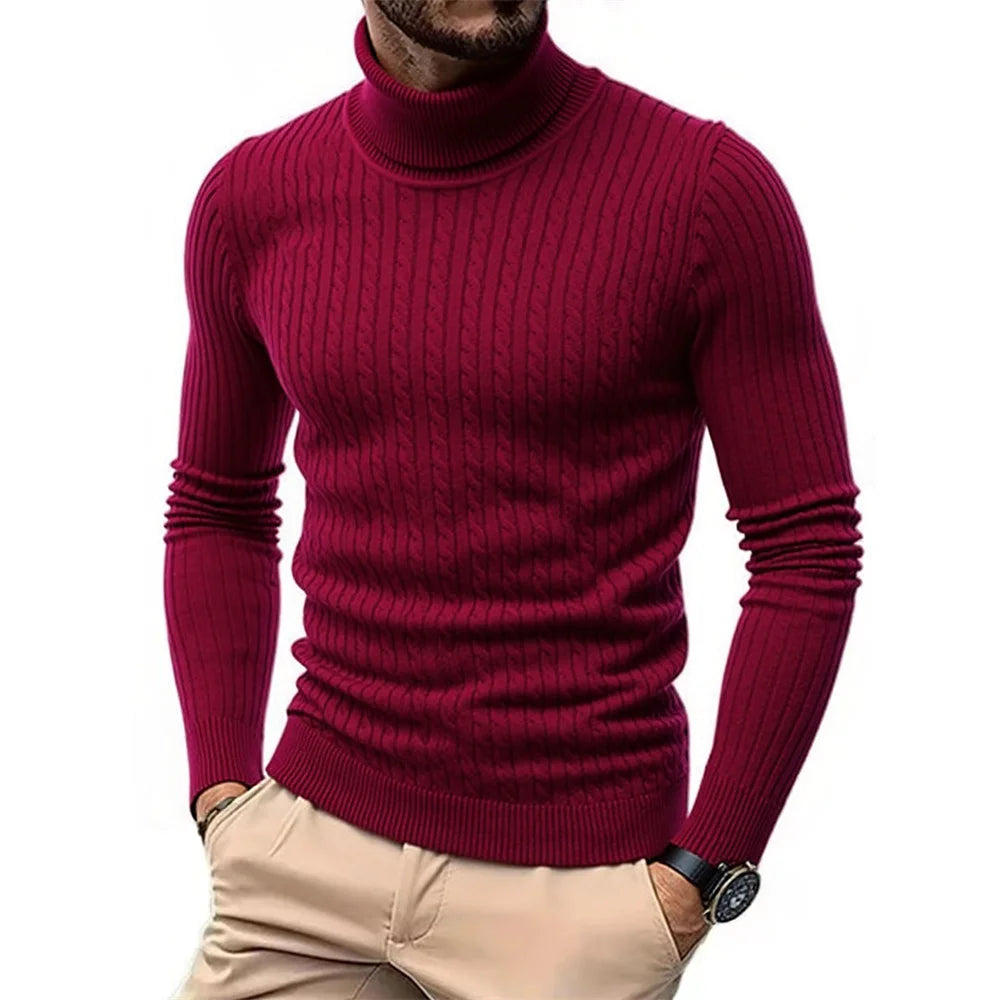 Autumn Winter Men's Turtleneck Sweater Warm Slim Fit Knitted Pullover Jacquard Striped Cozy Soft Knitwear Basic Style.