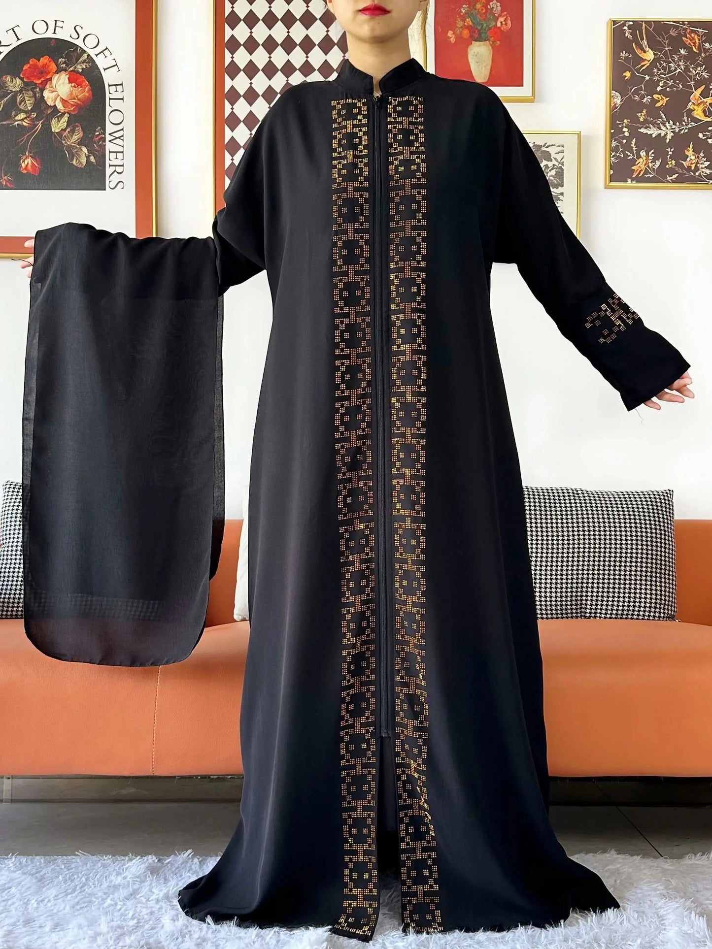 2024 Muslim Ramadan Tranditional Turtleneck Long Sleeve Dress Women Cardigan Open Abaya Dubai Caftan Islamic Kimono Clothes.