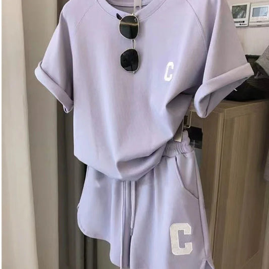 Women Tracksuit C Letter Print Short Sleeve T-shirt Drawstring Shorts Sport Suit Lady Exercise T-shirt Shorts Two-piece Suit.