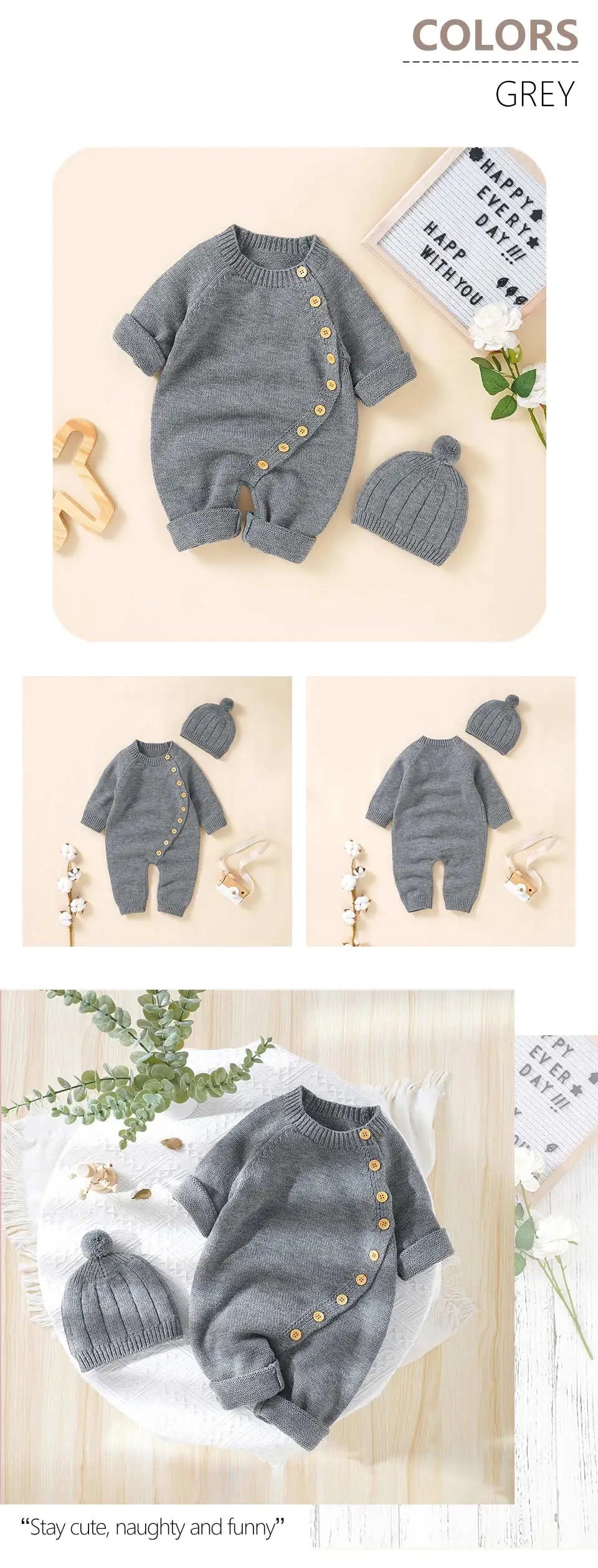 Baby Rompers Knitted Autumn Long Sleeve Newborn Boys Girls Jumpsuits Hats Outfits Sets Winter Solid Infant Netural Overall 0-18m
