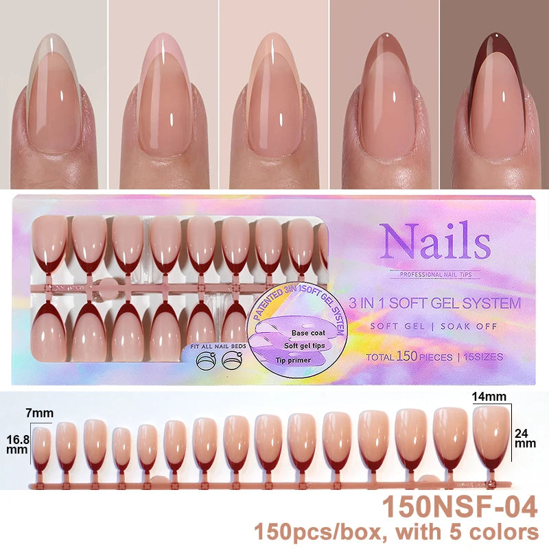 150Pcs/Box Acrylic Press on Nails Full Cover Fake False Tips Soft Gel Extension T-shaped Oval Capsule Almond Sculpted Salon DIY