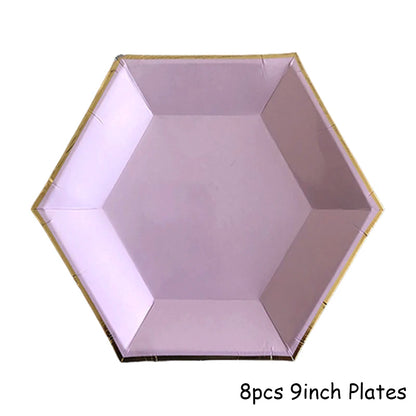 Purple Gold Party Paper Cup Plate Straw For Birthday Carnival Kids Favors Wedding Decor Disposable Tableware Party Supplies.