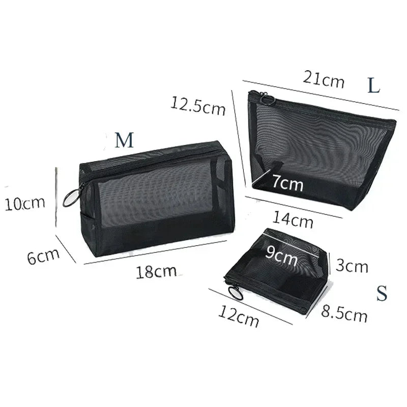 1pcs Transparent Mesh Zipper Cosmetic Bag Women Necessary Organizer Fashion Small Large Black Toiletry Bags Makeup Pouch Case