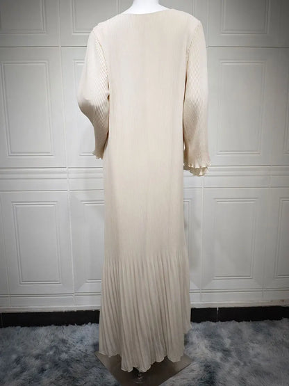 Siskakia Ramadan-Muslim Solid Wrinkle Dresses For Women's Dubai  Moroccan Petal Sleeve Abayas O-Neck Elegant Kebaya 2024