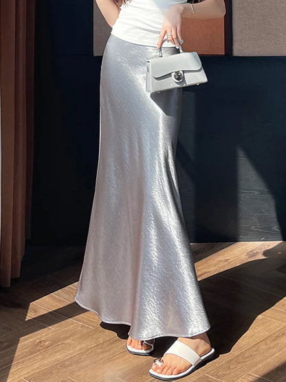 Zoki Chic Satin Elegant Long Skirt Women Casual Fashion High Waist Sweet Trumpet Skirts Slim Summer Female Korean Long Skirts.