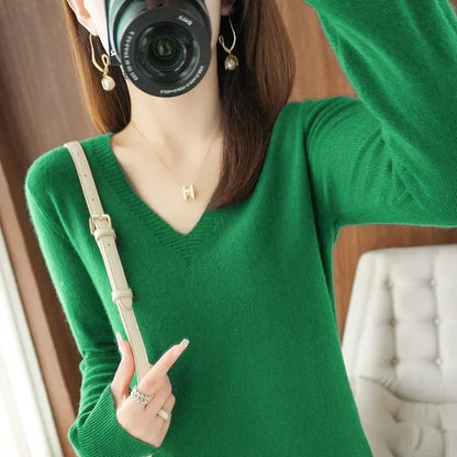 Herbst Winter Frauen Pullover 2025, Koreanische Mode Strickwaren Warme Lange Hülse V-ausschnitt Stricken Pullover Slim Fit Bodenbildung Shirt Jumper