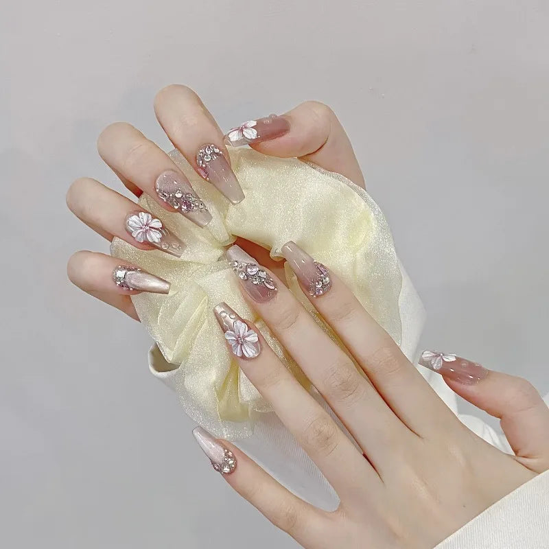 10Pcs Sweet Cute Handmade Press on Nails Flower Butterfly Fake Nails Glossy Diamond False Nails Full Cover Acrylic Nail Tips Art.