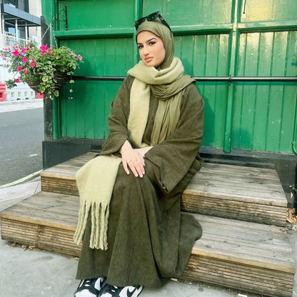 Muslim Abaya 2024 Arabic Women Corduroy Dress Ramadan Modest Cardigan