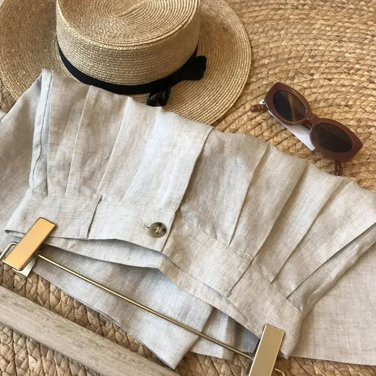 Korean Office Lady Summer Women's Solid Color Linen Zipper Pockets Fashion Casual Loose High Waist A-line Wide Leg Shorts.