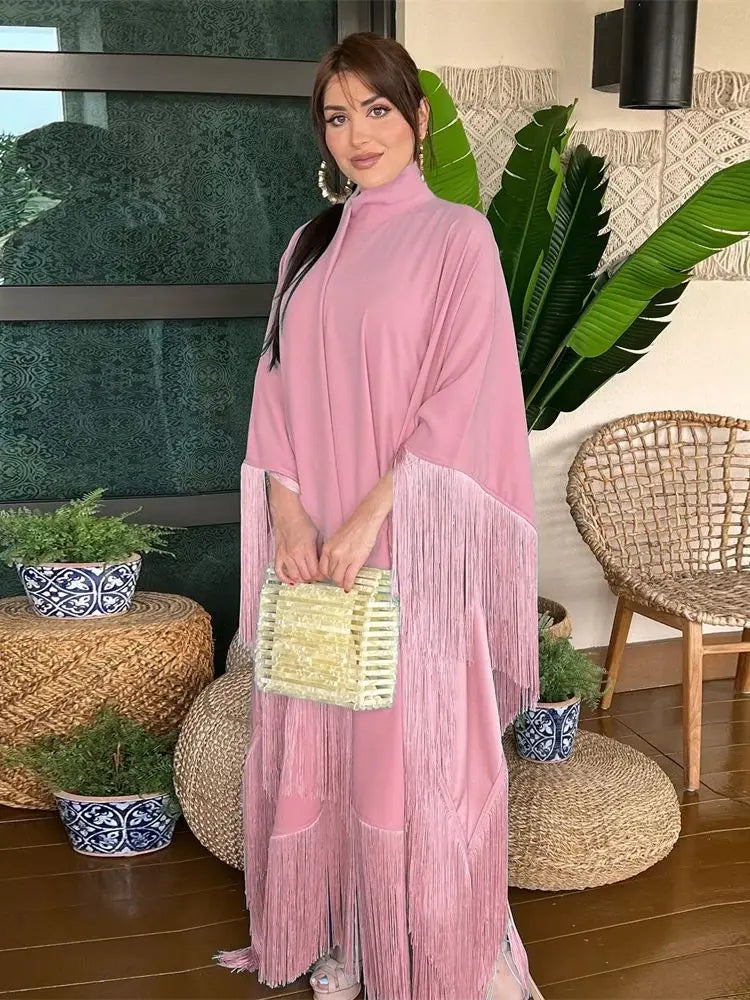 Eid Satin Luxury Green White Black Pink Khimar Tassel Butterfly Batwing Abaya For Women Islam Muslim Maxi Dress Kaftan Kebaya