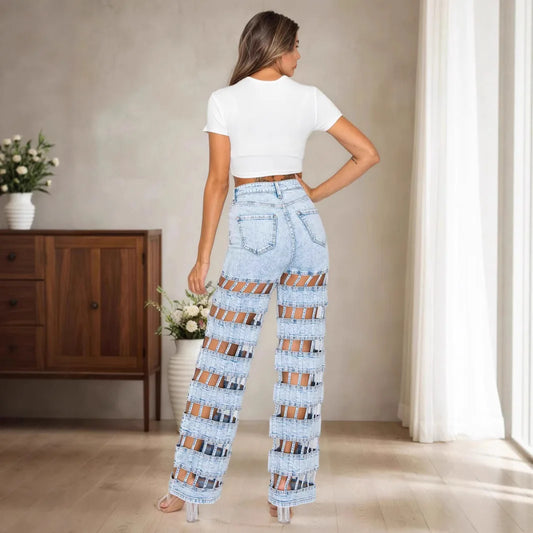 Holes Jean Hollow Out Jeans Women Straight Pants High Waist Vintage Ripped High Waist Zipper Fly Ankle Length Distressed.