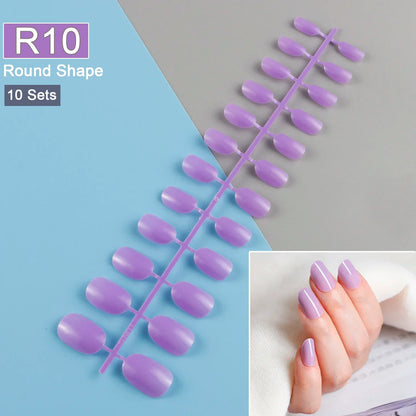 10 Sets/Pack Mixed Solid Colors Coffin Round Square Almond Shape False Nails Full Cover Nail Tips Short Fake Nails Tip Manicure.