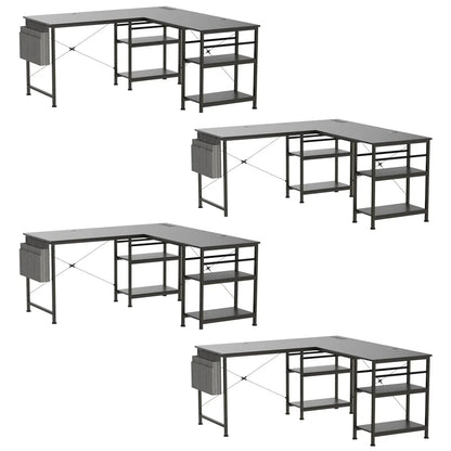 L-förmiger Schreibtisch Computertisch mit Regal, großer Arbeitsplatz, Home Office Gaming Tisch, höhenverstellbar, Schwarz