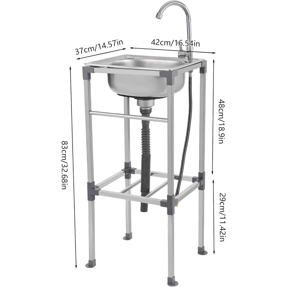 Edelstahlspüle, freistehendes Spülbecken mit 1 Becken, mobiles Spülbecken, Küchenspüle mit Wasserhahn, 42 x 37 x 83 cm, für Bars, Restaurant, Küche