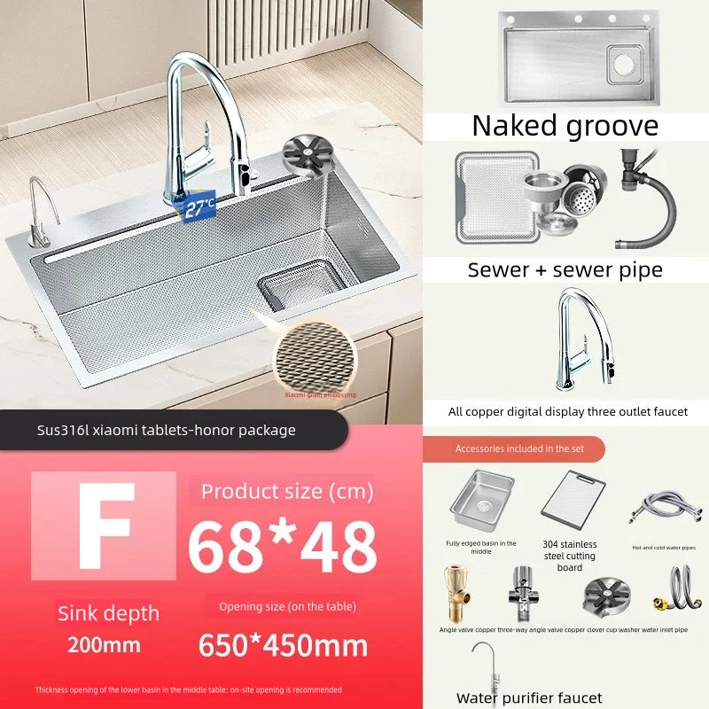 Kitchen Sink 316L Food Grade Stainless Steel Large Single Slot Wash Dish and Wash Vegetable Basin Homeuse Undercounter Bowl