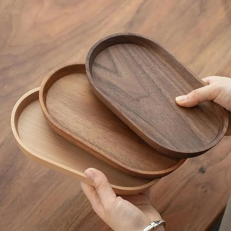 Japanese Acacia wooden tray rectangular dinner plate heat insulation solid wood grain oval bread.