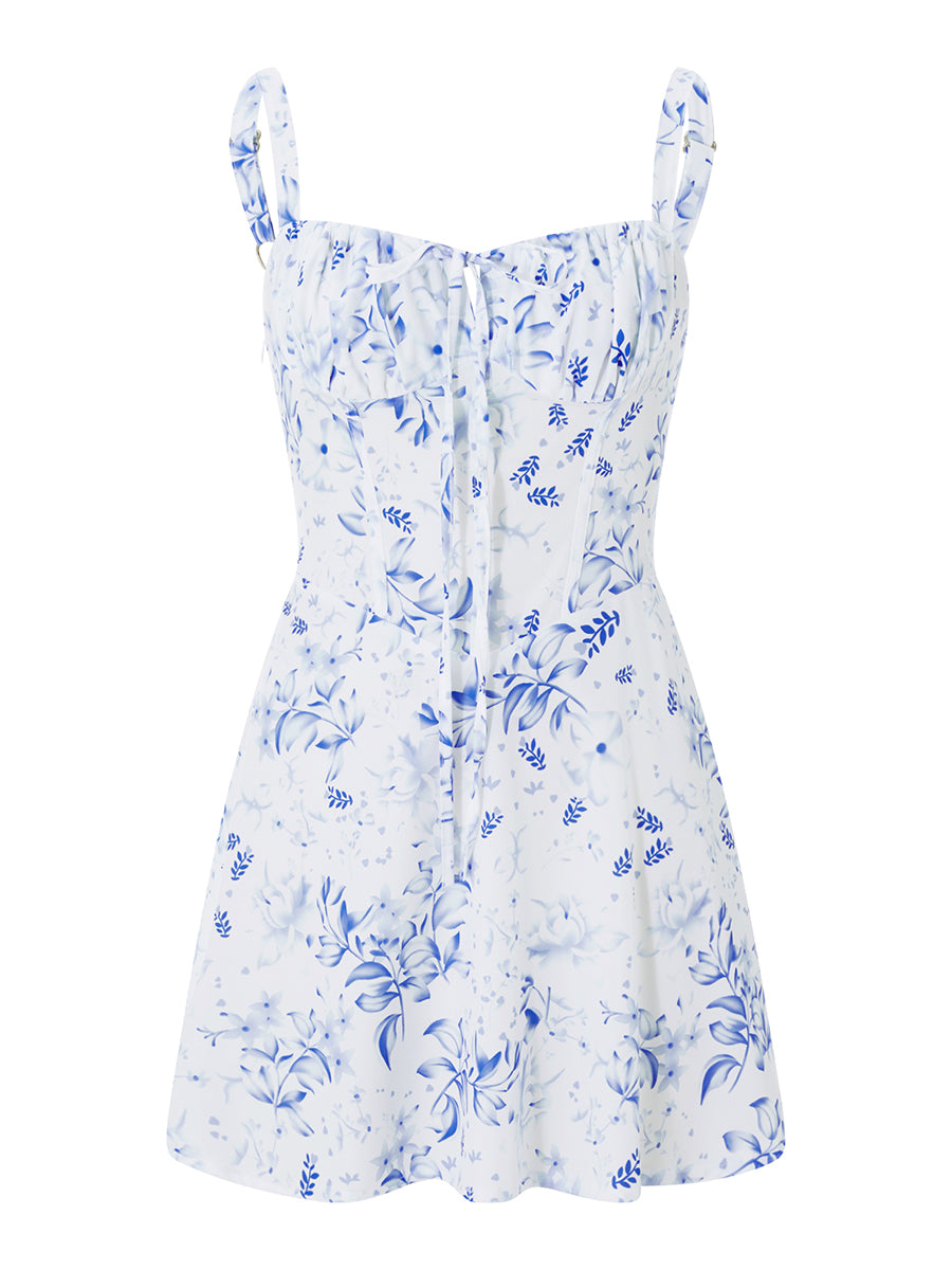 Combhasaki Damen-Kleid, elegant, Blumendruck, tief ausgeschnitten, zum Binden, ärmellos, Cami, figurbetont, Korsett, kurzes Kleid, Sommer, rückenfrei, Party, Clubwear.