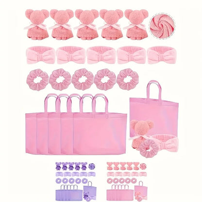 20 Spa Gift Set -5 Polyester Large Bags, 5 Headbands, 5 Hair Rings, 5 Bear Shaped Fabrics - Perfect for Bridal Showers, Singles'.