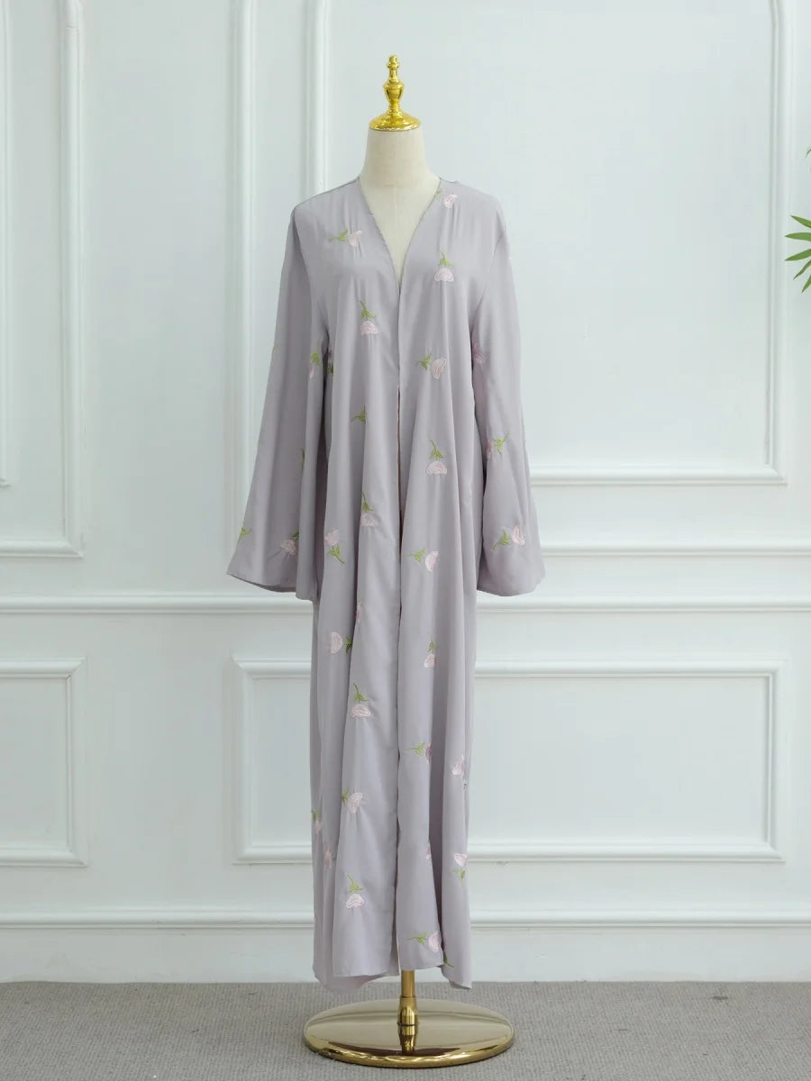 Women Middle East Arabic Dubai Abaya Luxury Rose embroidery Kimono Cardigan Long Dress Modest Robe Femme Islam Clothing Kebaya.