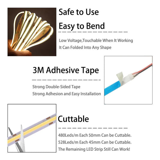 COB-LED-Streifenlicht, hohe Dichte, lineare Beleuchtung, 480/528 LEDs/m, flexibles Band, warm, natürliches Weiß, Rot, Blau, Grün, Dekor, DC12/24 V.