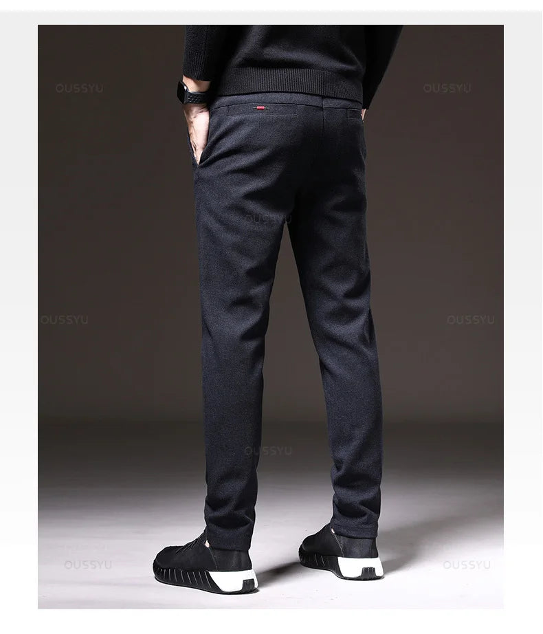 Autumn Winter Men's Brushed Fabric Casual Pants Business Fashion Slim Fit Stretch Thick Gray Blue Black Cotton Trousers Male.