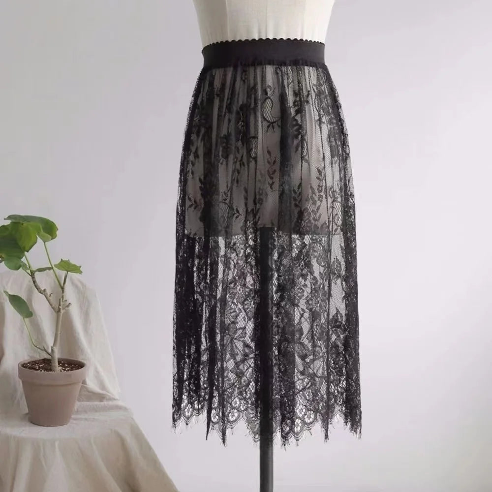 2 Length Elegant Black Skirt White Lace Transparent Long Tulle Skirt Ladies Elastic High Waist Beach Midi Skirt Drop shipping.