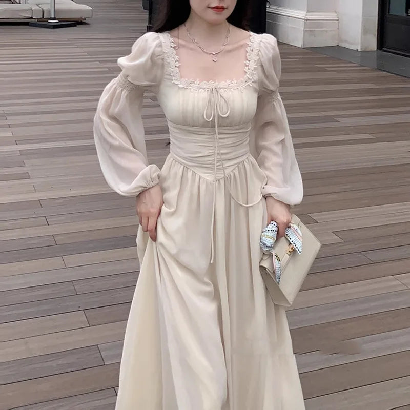 2024 Französisch elegante Prinzessin Abend party Midi Kleider für Frauen A-Linie schlanke Bandage Langarm Vestidos koreanische Frühlings kleidung