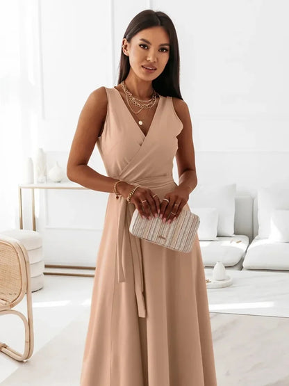 Frühling Sommer Neue Stil frauen Lange V-ausschnitt Kleid Reine Farbe Maxi Kleid Ärmelloses Empire-Taille Kleid für Damen Modische