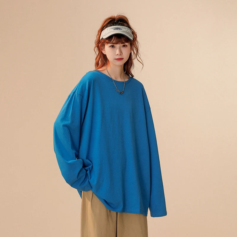 COUTUDI-Oversized T-Shirt for Women, Loose Pullover,Long Sleeve, Casual 100% Cotton Tee Shirt, Lady Tops, Korean Streetwears