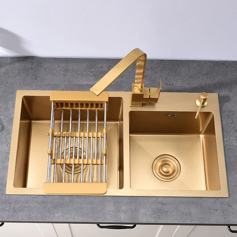Goldene Küchenspüle über der Theke, Doppelschüssel, Goldkorb, Abtropffläche, Seifenspender, Waschbecken, Spülbecken aus Edelstahl 304, Spülbecken