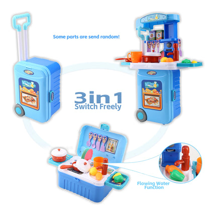 Mini 3-in-1 Kitchen Set Toy Kitchen Pretend Play Integrates Storage Boxes and Tableware Sets Portable Suitcase Cooking Kits Toys.