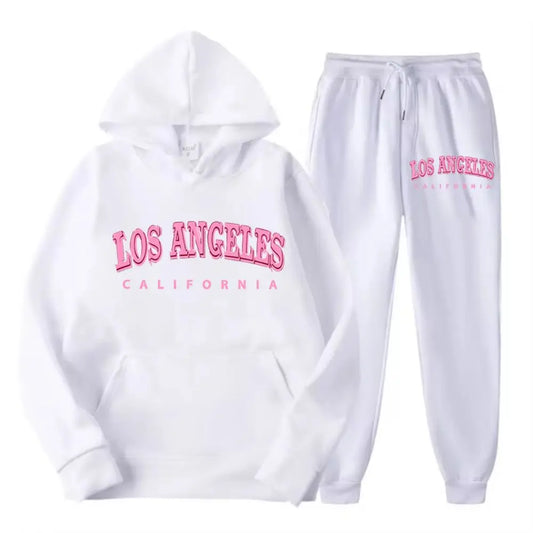 Two Piece Set Street Womens Hoodie & Pants Fleece Pocket Loose Pullover Los Angeles California Print Clothes Fashion Sportswear.