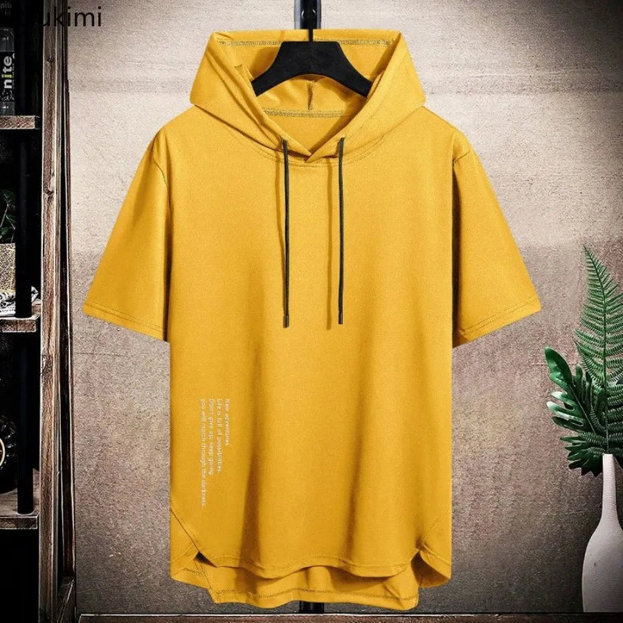 2025 Men's Summer Hoodies T-shirts Short Sleeve Solid Color Loose Hooded Drawstring Pullover Tops Basic Tees for Daily Wear Male.