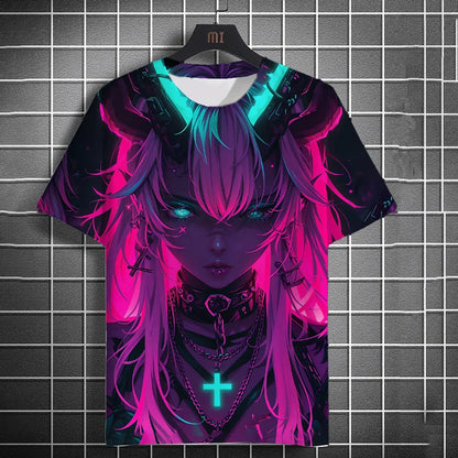 Men's Fashion Street 3D Anime Printed Short Sleeve T-Shirt Men's Modern Urban Streetwear Round Neck Casual Short Sleeve.
