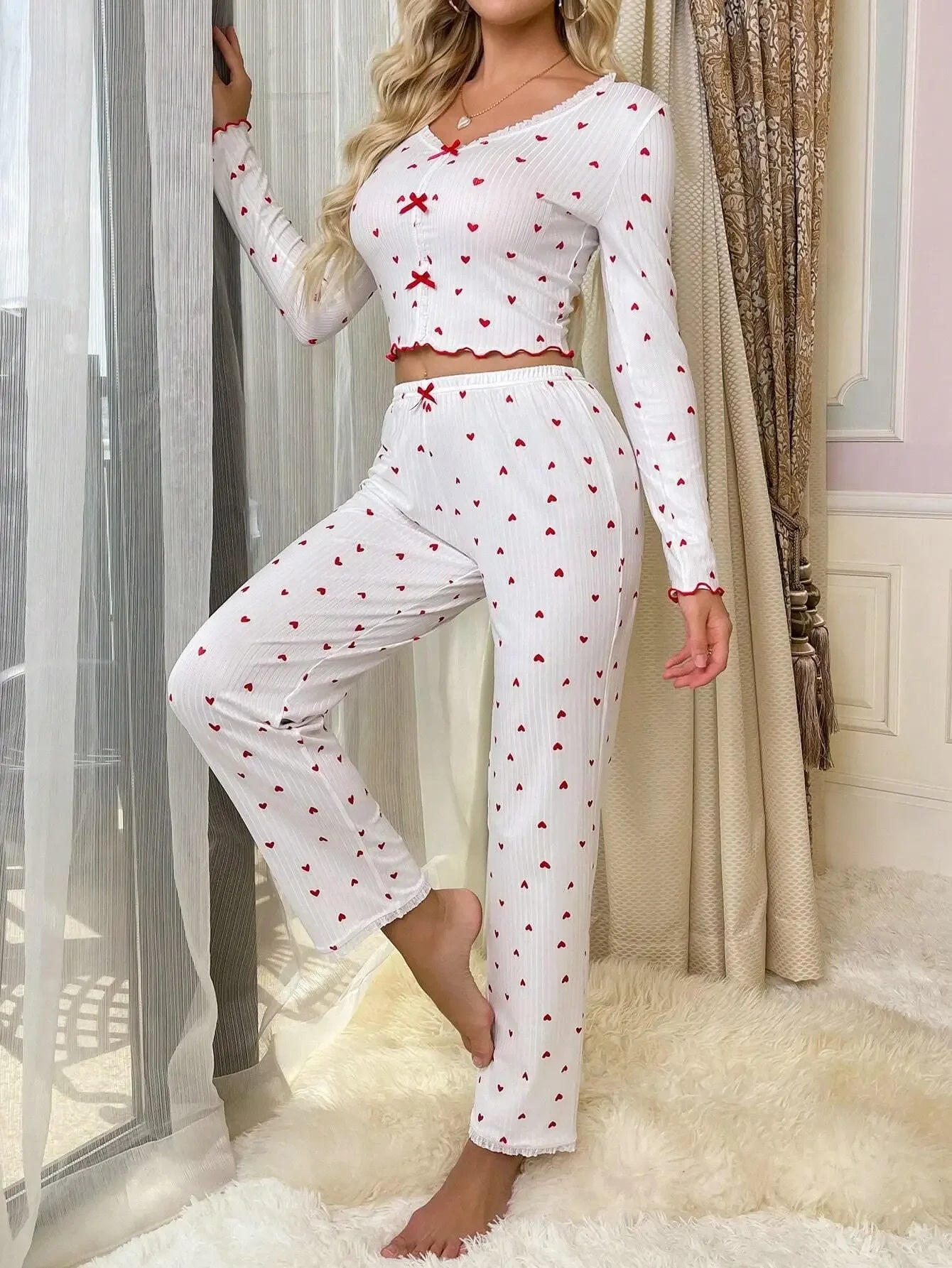 Pyjama-Set mit Herz-Druck, geripptem Rüschenbesatz für Damen, Nachtwäsche, gestrickt, V-Ausschnitt, lockere Oberteile, elastische lange Hosen-Sets, Homewear.