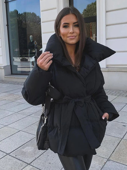 Fashion Lace Up Baumwolle Mantel Frauen Feste Revers Casual Langarm Tasche Lose Warme Kurze Mäntel Dame Winter Neue Straße Oberbekleidung