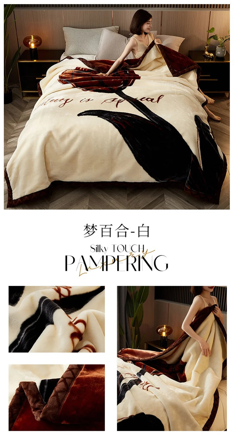 Double Sided Printed Autumn Winter Blankets for Bed Soft Warm Encrypted Flocking Raschel Blanket Skin Friendly Weighted Blanket