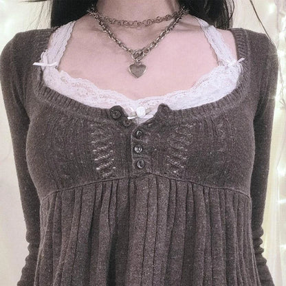 2000er Jahre Vintage Langarm Babydoll Strickpullover Tops Cottage Milkmaid Pullover Ästhetische Grunge Y2k Strickwaren T-Shirts Damen
