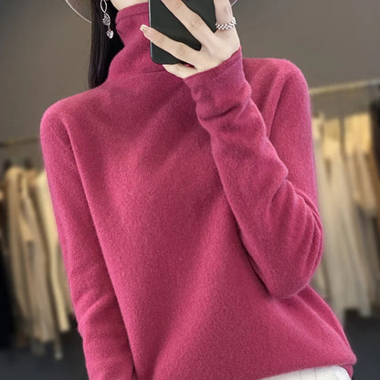 2025 100% Merino Wool Sweater Elegant Cashmere Pullover Women Pile Collar Long Sleeve Knitwear Basic Clothing  Jumper Tops