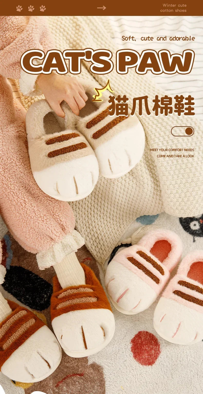 Winter Warm Slipper Women Home Fuzzy Cat Paw Claw Fur Plush Indoor Lazy Female Thermal Furry House Shoe Funny Flat flip flop.