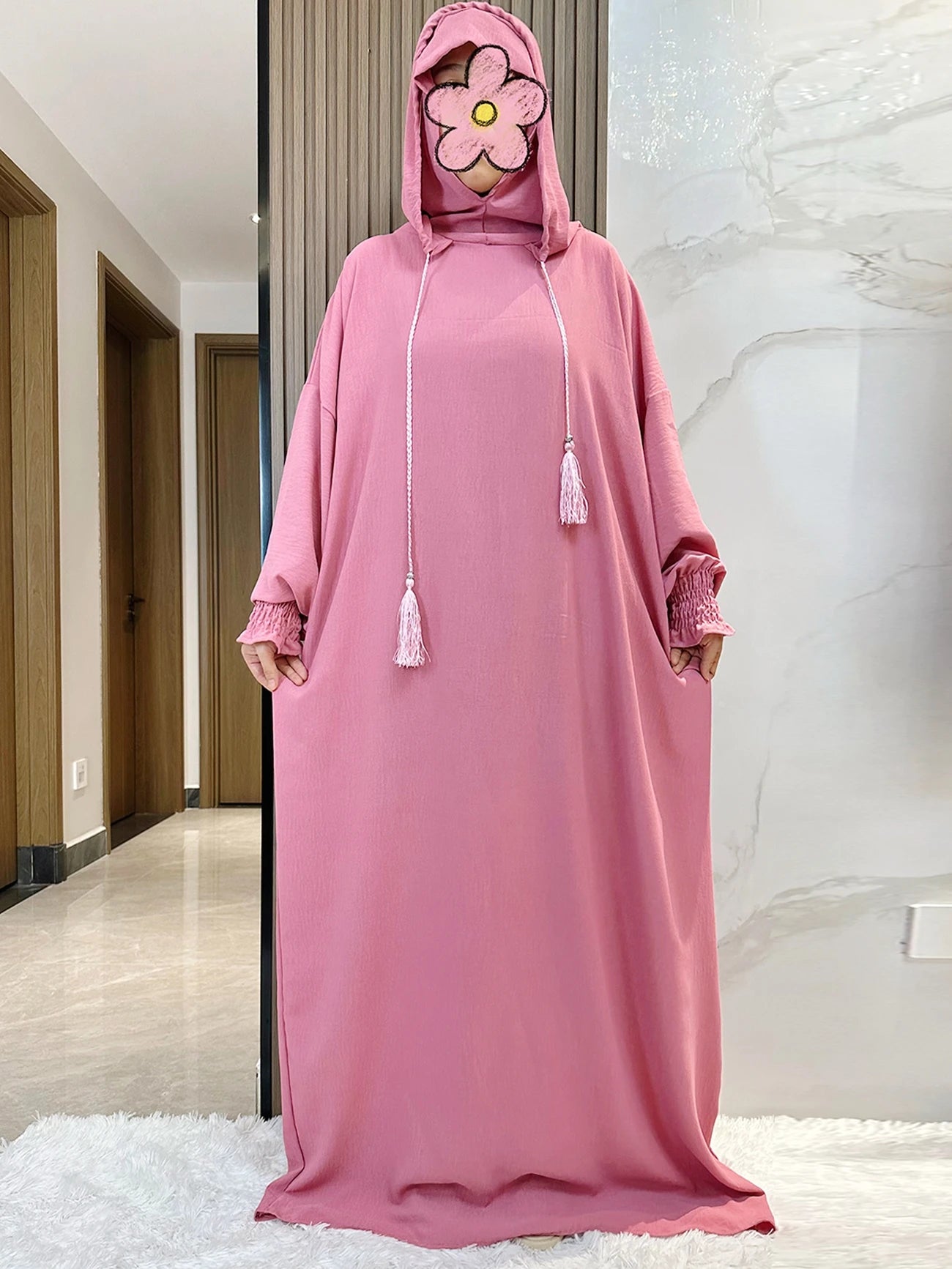 Muslim Abaya Solid Cotton Pullover Two Hat Women Eid Hooded Long Maxi Dress Turkey Kaftan Arab Robe Islamic Hijab Dubai Clothing