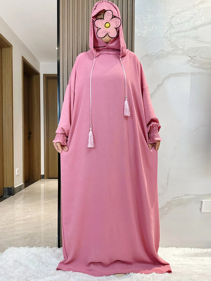 Muslim Abaya Solid Cotton Pullover Two Hat Women Eid Hooded Long Maxi Dress Turkey Kaftan Arab Robe Islamic Hijab Dubai Clothing