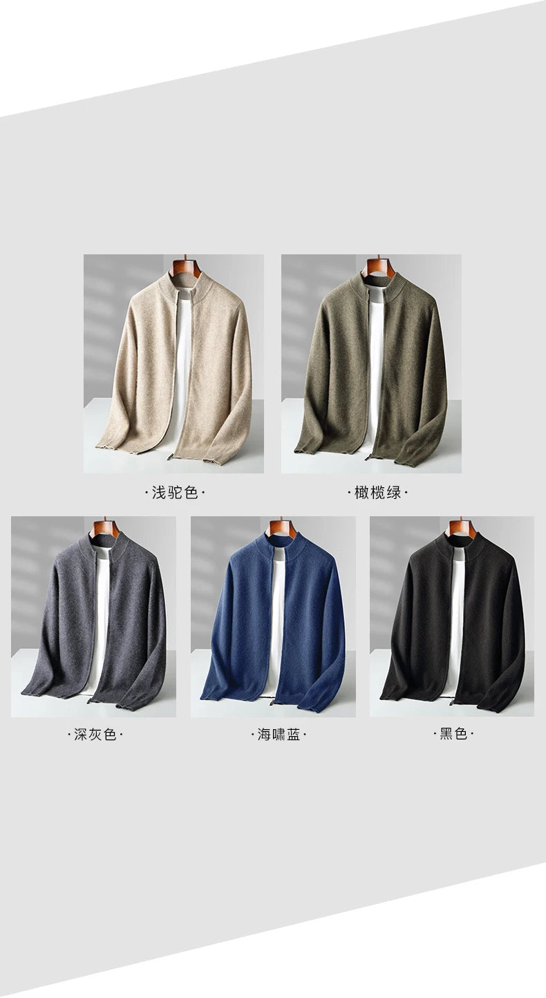 100% Merino Wool Men's Warm Sweater Mock Collar Thickened Zippered Cardigan Autumn Winter New Cashmere Knitted Long Sleeve Tops.